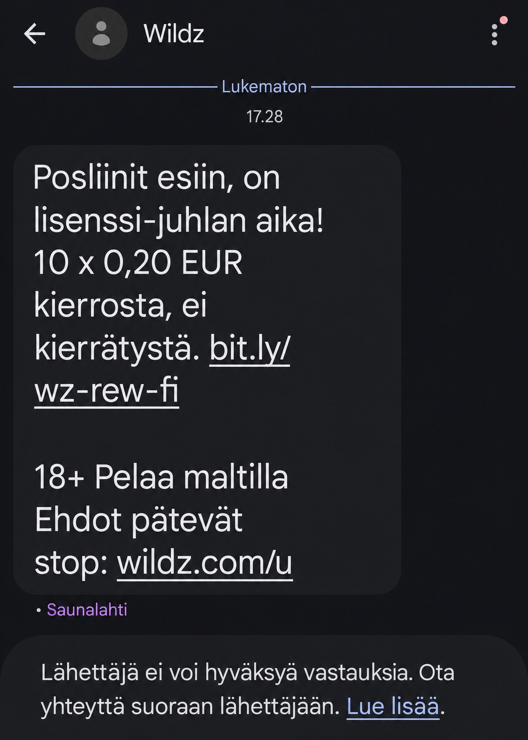 Wildzin suomalaiselle pelaajalle lähettämä lisenssijuhlakampanjan tekstiviesti